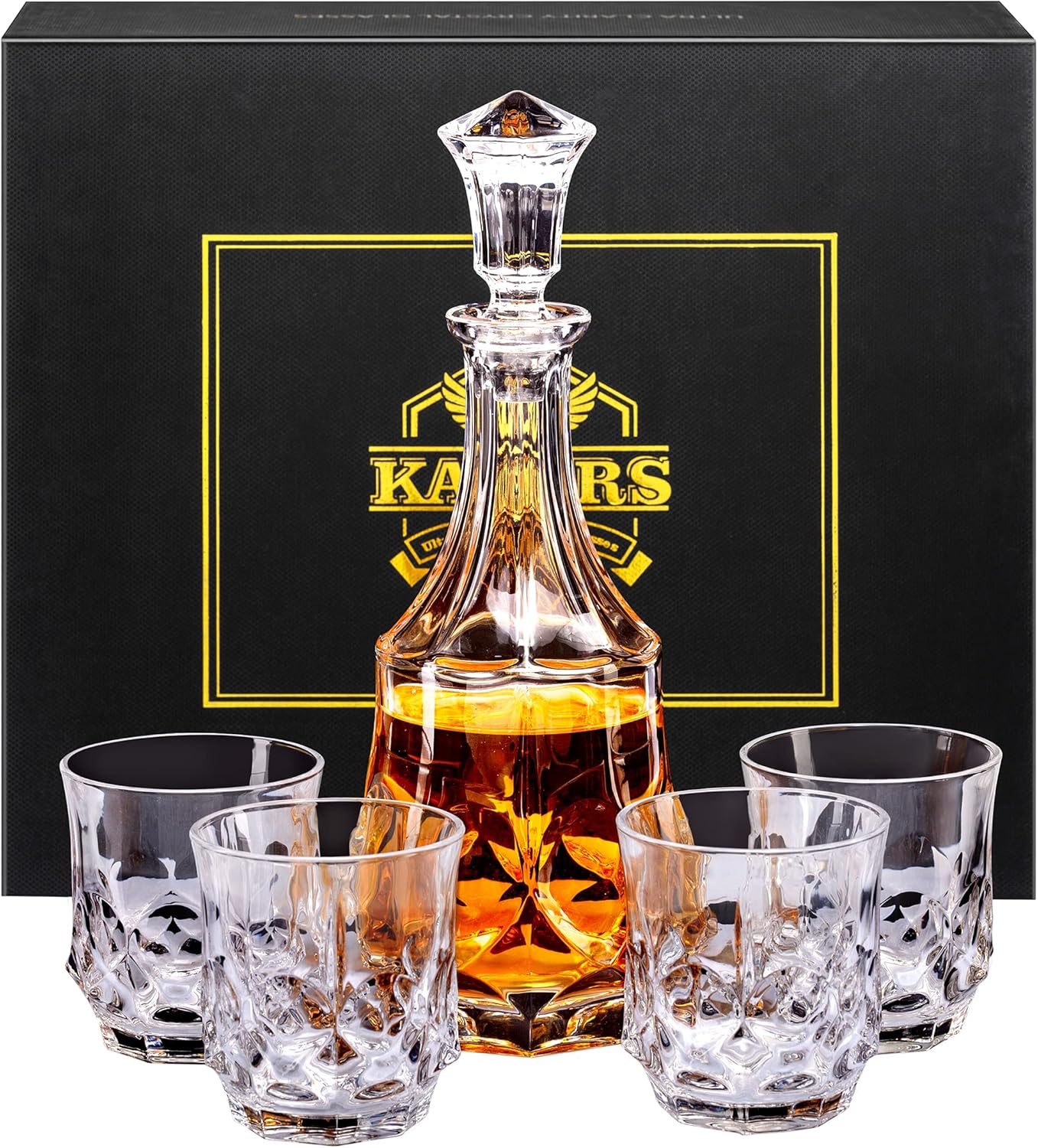 KANARS Whiskey Decanter Sets for Men, 25 Oz Liquor Decanter with 10 Oz Crystal Glasses